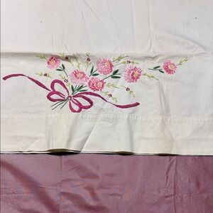 Antique Floral Embroidered pillow Cases with Pink Accents